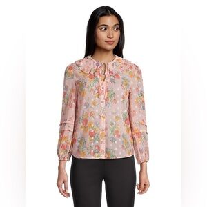 Lipsy Button-Front Multicolour Metallic Floral Top Boho Cottagecore Size 10